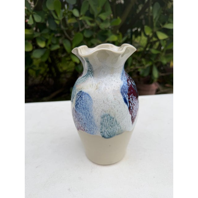 Contemporary Vintage 8” Studio Pottery Ruffled Rim Drip Glaze Art Vase For Sale - Image 3 of 11