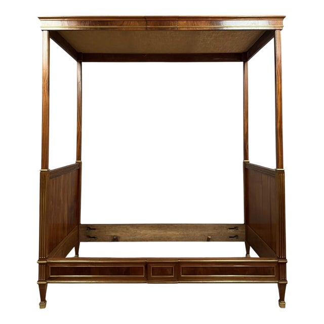 Parisian Louis XVI Style 4-Poster Bed in Mahogany and Gilded Bronze, 1850s For Sale