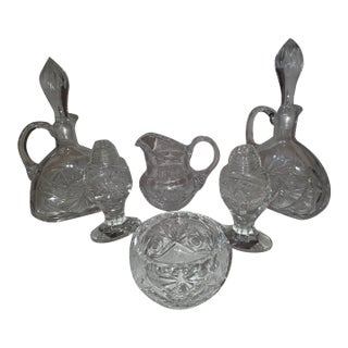 1980s Cut Crystal Salt, Pepper, Creamer, Bowl, and Cruets - 6 pcs For Sale