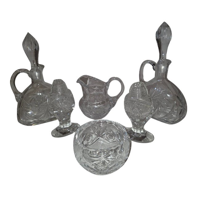 1980s Cut Crystal Salt, Pepper, Creamer, Bowl, and Cruets - 6 pcs For Sale