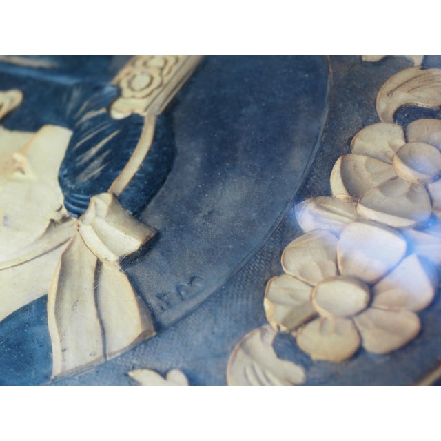 1930s French Breton carved wood wedding serving tray, couple in traditionnal costume, flowers ornement, lattice background...