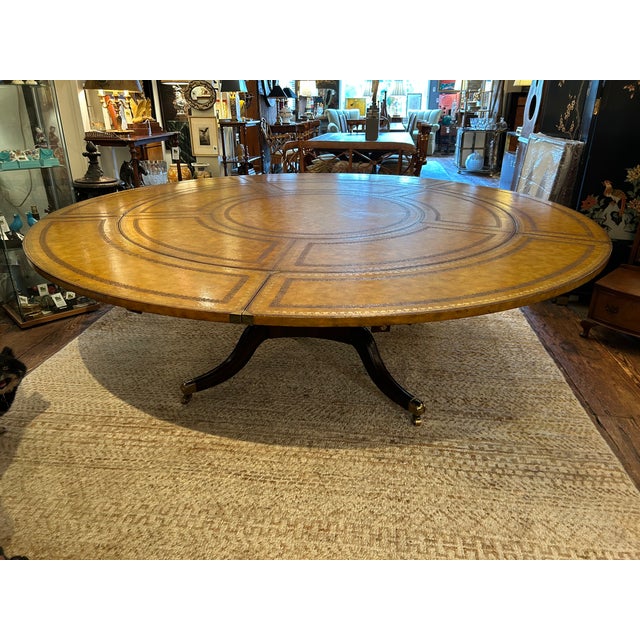 Traditional Maitland Smith Round Tooled Leather & Mahogany Extension Dining Center Table For Sale - Image 3 of 17