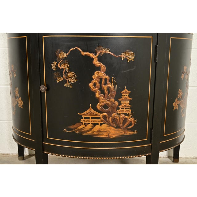Imperial Furniture Grand Rapids French Regency Chinoiserie Black Lacquered Hand Painted Demilune Cabinet, Circa 1940s For Sale - Image 11 of 16