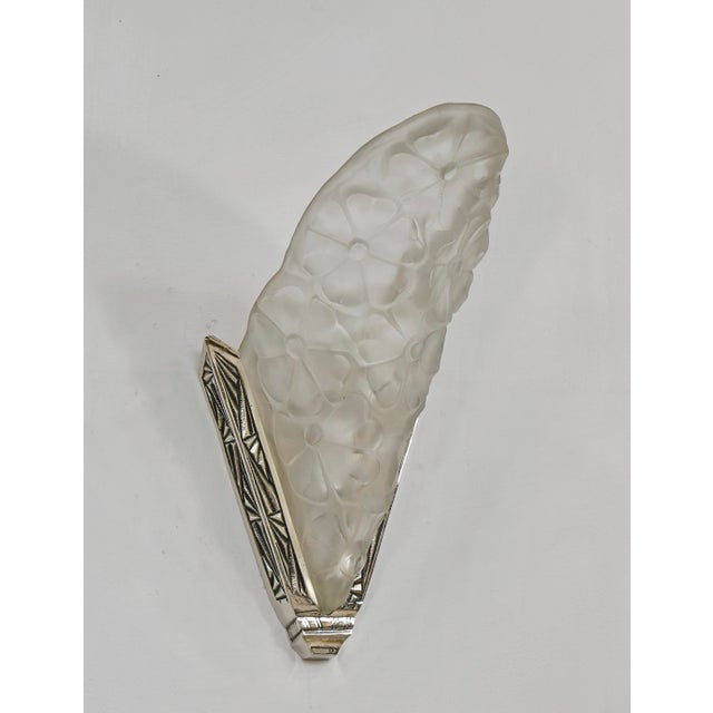 Degue French Art Deco Floral Frosted Glass & Nickeled Bronze Slip Shade Wall Sconces 1930s - A Pair For Sale - Image 6 of 9