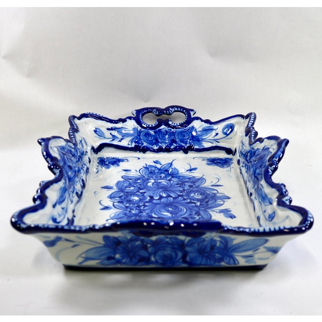 Farmhouse Mid 20th Century Vestal Alcobaca Portugal Blue and White Floral Handled Ceramic Serving Tray For Sale - Image 3 of 16