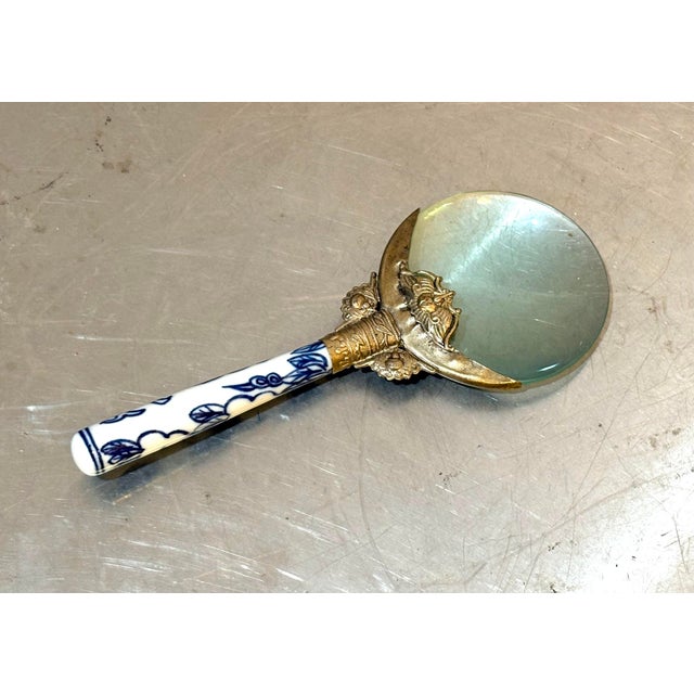 Asian Antique Delftware Blue/White Ceramic W/ Silver Magnifying Glass or Loupe For Sale - Image 3 of 4