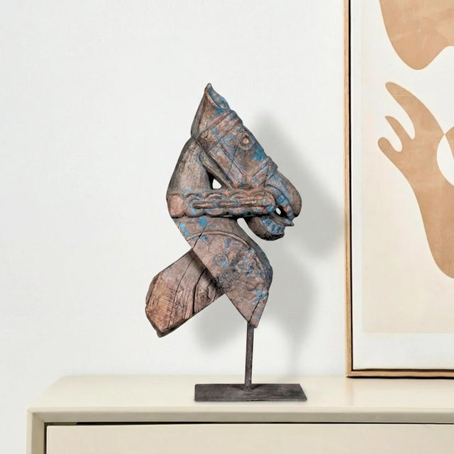 Far Pavilions Hand Carved Wood Horse Corbel on Stand | Rustic Farmhouse Table Decor | Distressed Blue Vintage Equestrian Sculpture | Horse Lover Gift For Sale - Image 4 of 6