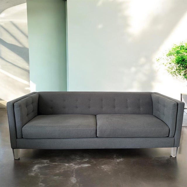 Gray Modern Grey Tufted Sofa With Acrylic Legs – For Sale - Image 8 of 10