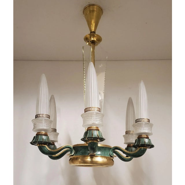 Maison Baguès Mid 20th Century Frosted Glass and Bronze Six Arm Chandelier Attrib to Maison Baguès For Sale - Image 4 of 12