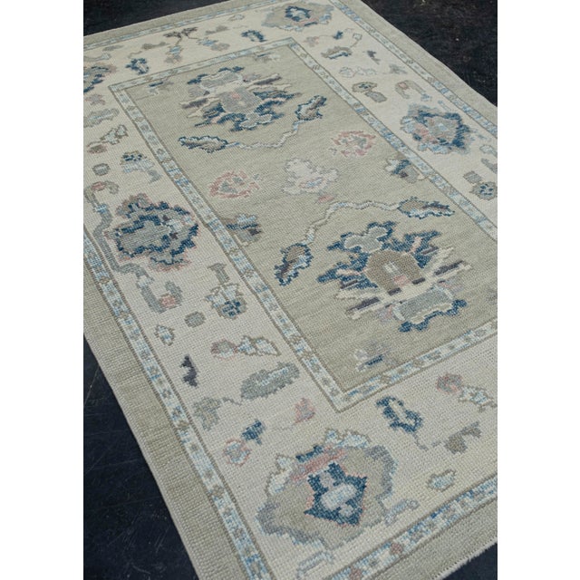 Turkish Oushak Rug Soft Gray & Blue Floral Handwoven Rug 4'1" X 6' For Sale In Houston - Image 6 of 9