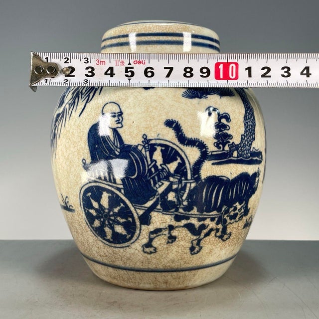 Chinoiserie Chinoiserie Blue‑and‑White Crackle‑Glaze Lidded Ginger Jar, Figure Story Motif Porcelain Storage Canister **** For Sale - Image 3 of 9