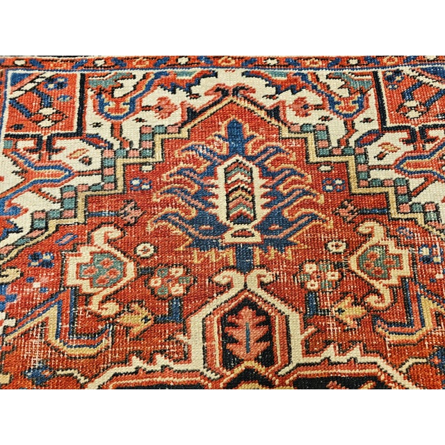 Textile Vintage Persian Heriz Serapi Area Rug, Handwoven Geometric Pattern, Brick Red & Ivory, 4’ X 4’ For Sale - Image 7 of 12