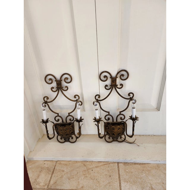 Metal Pair of Gilt Iron Wall Sconces For Sale - Image 7 of 12