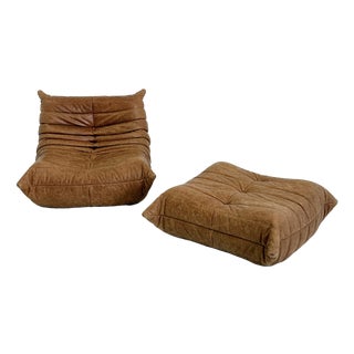 Togo Armchair with Ottoman in Cognac Leather by Michel Ducaroy for Ligne Roset, 2000s, Set of 2 For Sale