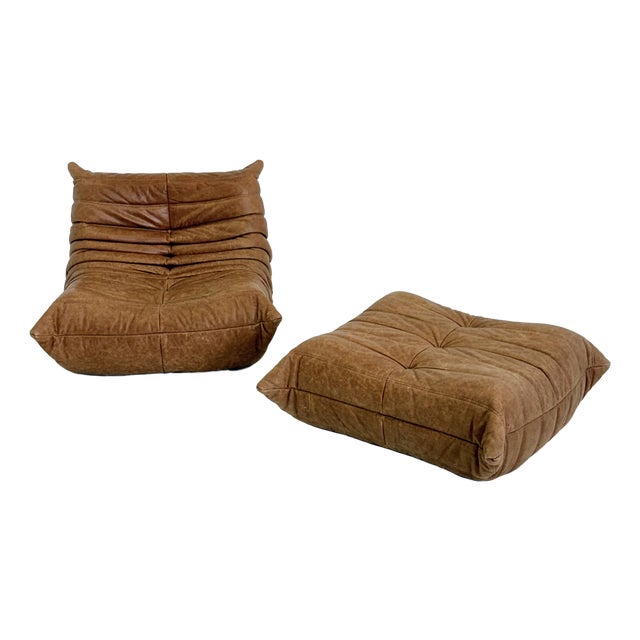 Togo Armchair with Ottoman in Cognac Leather by Michel Ducaroy for Ligne Roset, 2000s, Set of 2 For Sale