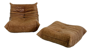 Togo Armchair with Ottoman in Cognac Leather by Michel Ducaroy for Ligne Roset, 2000s, Set of 2