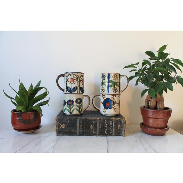 Folk Art Vintage Mid-Century Speckled Cream Stoneware Coffee Mugs S/4 For Sale - Image 3 of 10
