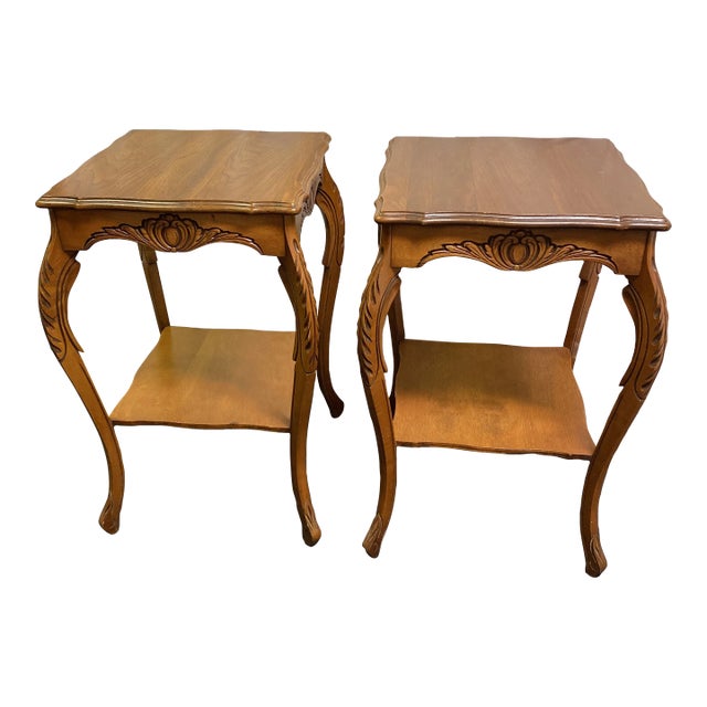 Vintage French Style Carved Legs and Skirts Wood Side Tables - a Pair For Sale
