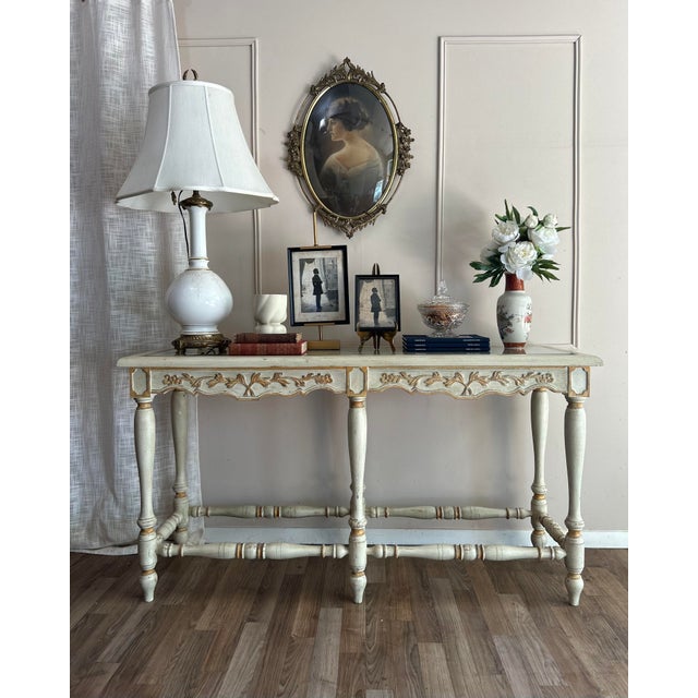 Elegant Continental console in the Louis XVI revival taste, likely Florentine work. The molded apron is detailed with...