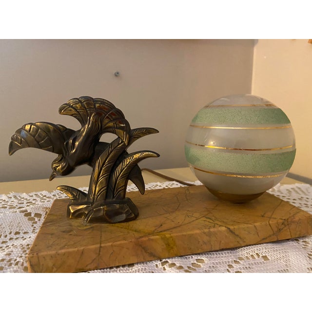 Vintage Art Deco Style Bird Table Lamp With Green Glass Globe and Marble Base For Sale - Image 6 of 9