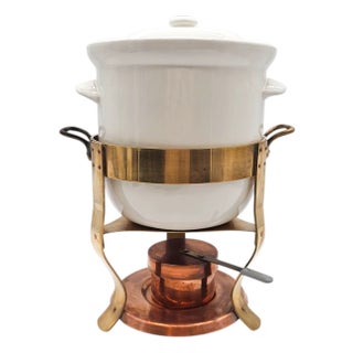 Vintage Hall #48 Buffet Server – Brass and Copper Stand With White Ceramic Crock and Burner For Sale