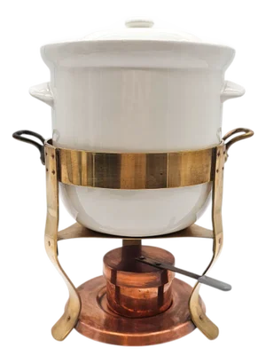Vintage Hall #48 Buffet Server – Brass and Copper Stand With White Ceramic Crock and Burner