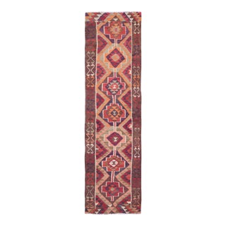 1970s Vintage Handmade Wool Cotton Red Runner Rug For Sale