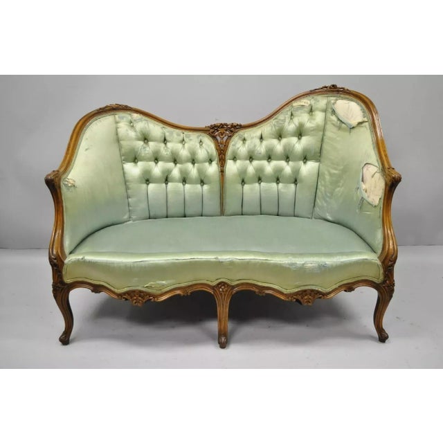 Antique French Louis XV Style Carved Walnut Double Hump Back Settee Loveseat For Sale - Image 10 of 12