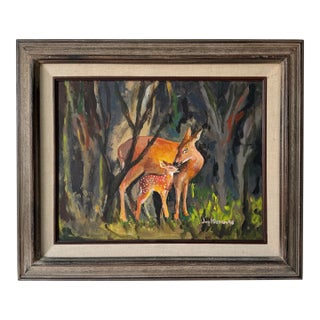 1990's Joy Kissam Deer Family - Woodland Landscape Oil on Canvas Painting For Sale