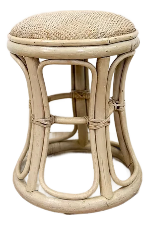 Vintage Lightwash Rattan Stool Woven Wicker Seat Coastal Hollywood Regency