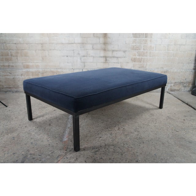 Early 21st Century Vintage Parsons Style Minimalist Modern Cocktail Table Blue Ottoman Foot Stool Footrest 61" For Sale - Image 5 of 12