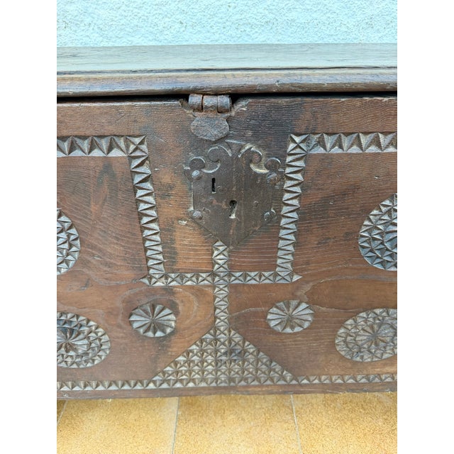 Antique Spanish Carved Wooden Chest with Geometric Motifs, 1850 For Sale - Image 10 of 15