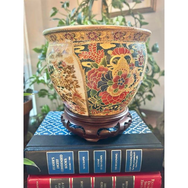 Japanese Vintage Japanese Satsuma Style Hand-Painted Porcelain Jardinière Cachepot With Wood Ming Style Stand For Sale - Image 3 of 12