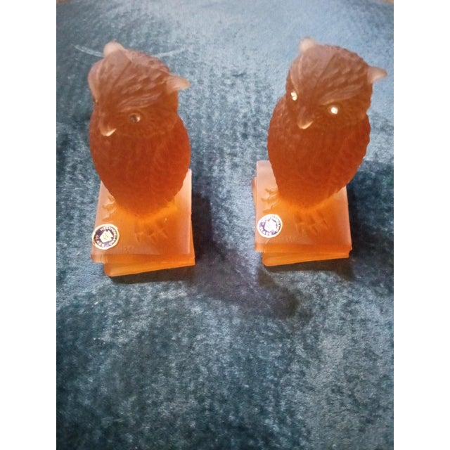 Gorgeous Pair of 1970 Westmoreland Satin Amber Glass Owl Figurines For Sale - Image 4 of 8