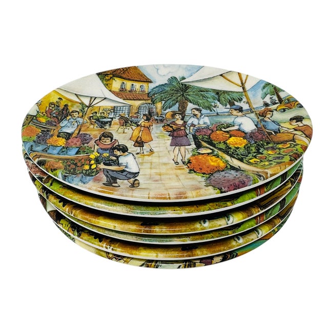 Mediterranean 1980s Vintage Brunelli Designs Made in Italy Folk Art Market Scene Ceramic Salad Plates - Set of 6 For Sale - Image 3 of 18