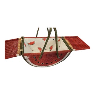 1980s Vintage Boho Chic Watermelon Wicker Picnic Basket & Matching Tablecloth Set - 2 Pieces For Sale