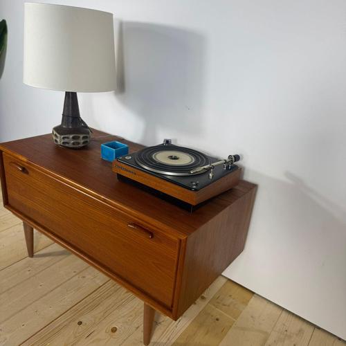 Brown Vintage Scandinavian Low Cabinet with Drop-Leaf Door in Teak, 1960s For Sale - Image 8 of 11