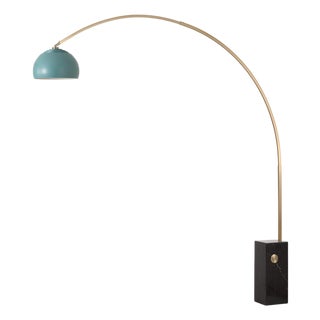Iconic 95" Arc Floor Lamp, Mid-Century Modern, Weathered Brass, Pool Blue Shade For Sale