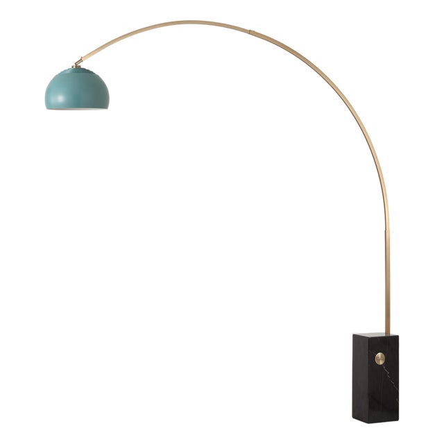 Iconic 95" Arc Floor Lamp, Mid-Century Modern, Weathered Brass, Pool Blue Shade For Sale