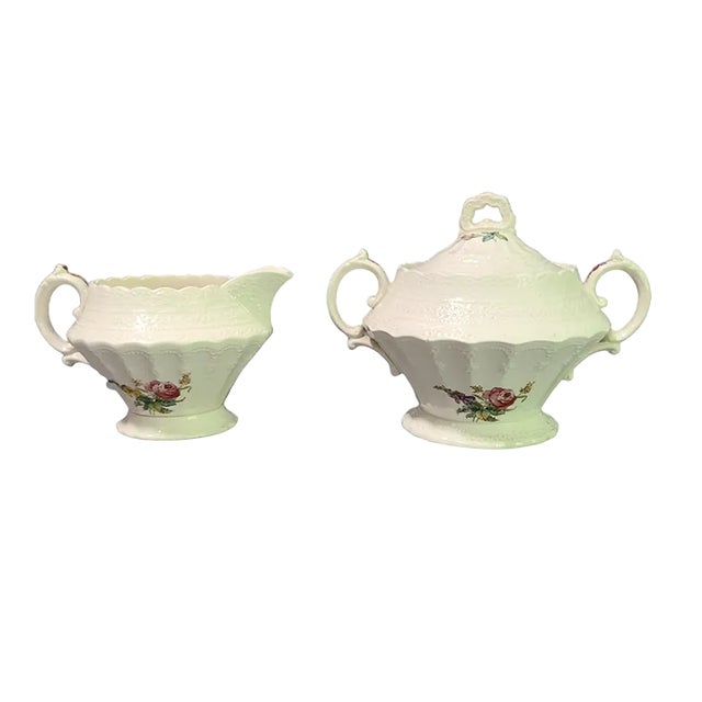 Copeland Spode's "Jewel" Hand Painted Heath & Rose Floral Sugar Bowl & Creamer Set For Sale