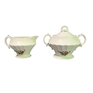 Copeland Spode's "Jewel" Hand Painted Heath & Rose Floral Sugar Bowl & Creamer Set
