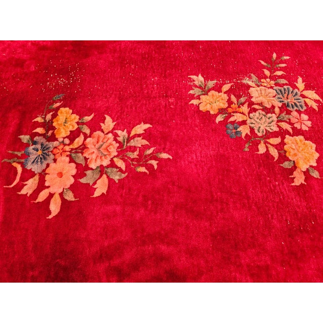 Antique Chinese Art Deco Rug, Hand-Knotted Wool, Crimson Floral Design, 10x14 For Sale In Chicago - Image 6 of 18