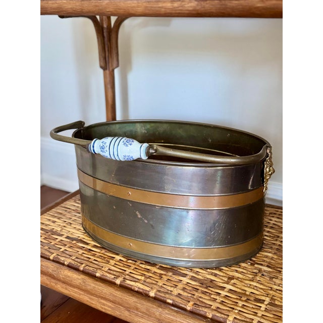 Vintage Dresher Copper and Brass Oval Bucket or Cache Pot With Blue and White Handle For Sale - Image 9 of 9