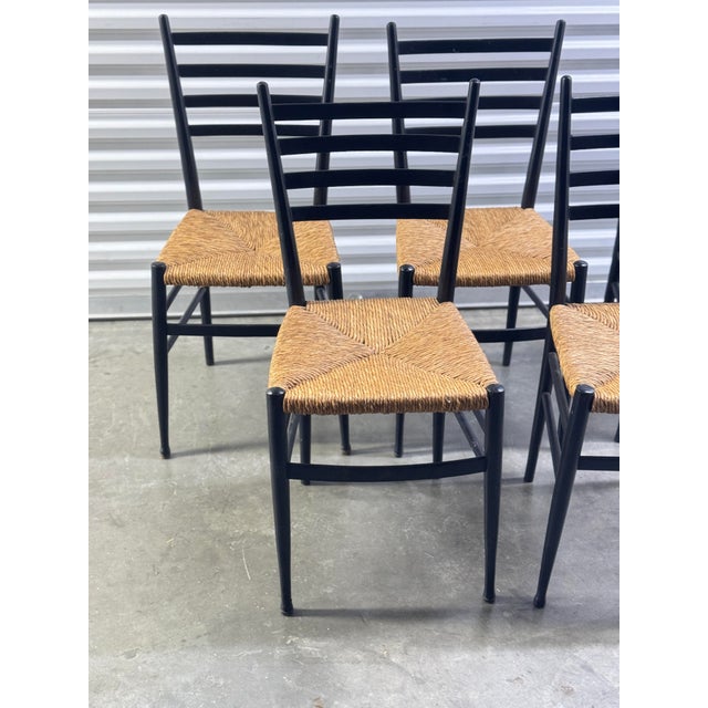 Set of 5 Italian Black Ladder Back Dining Chairs With Rush Seats, 1960s For Sale - Image 11 of 12