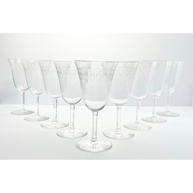 1920s Fostoria “Greek” 9 Optic Greek Key Etched Wine or Water Glasses 6 3/4” 9oz No chips, cracks, or fleabites. Height 6...