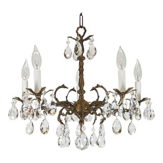 Antique 5 Light 5 Arm Overflowing Opulent Brass Cut Lead Crystal Chandelier For Sale