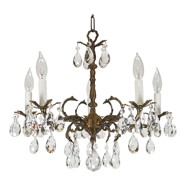 Antique 5 Light 5 Arm Overflowing Opulent Brass Cut Lead Crystal Chandelier For Sale
