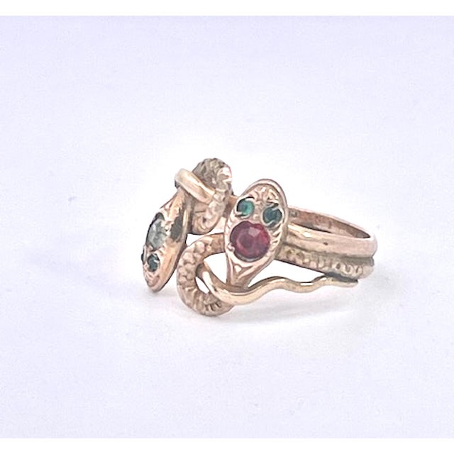 1900 - 1909 Antique Victorian 14k Yellow Gold Double Snake Ring With Gemstones, Size 6.5 For Sale - Image 5 of 14