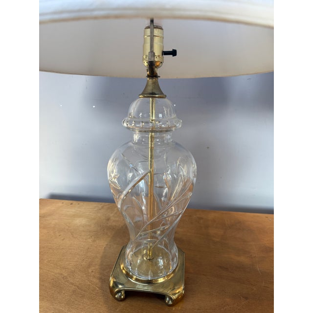 Brass Vintage Pair Cut Crystal and Brass Table Lamps With Pleated Silk Shades For Sale - Image 8 of 18