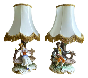 Italian Porcelain Dresden Style Romantic Figural Table Lamps by Capodimonte, 1930s, Set of 2